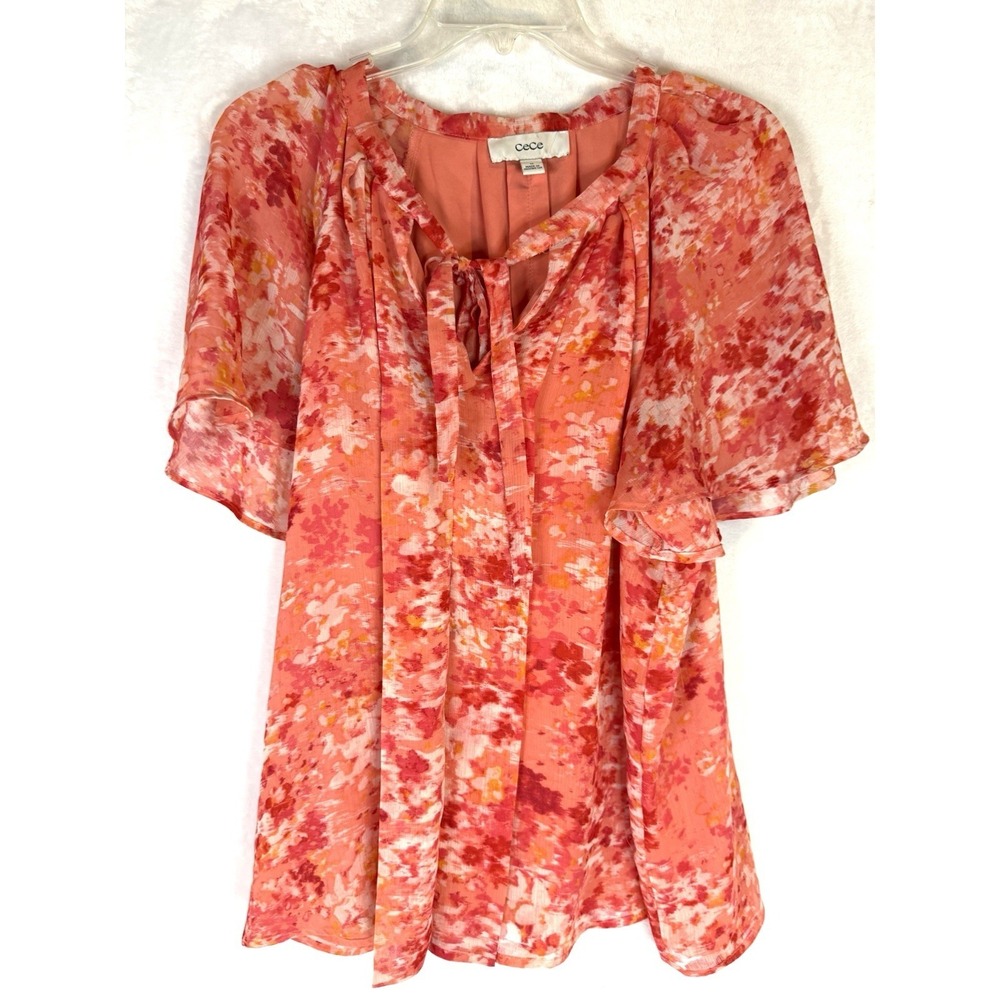 CeCe 1X Coral Pink Floral Sheer Blouse Tie Neck Flutter Sleeve Romantic